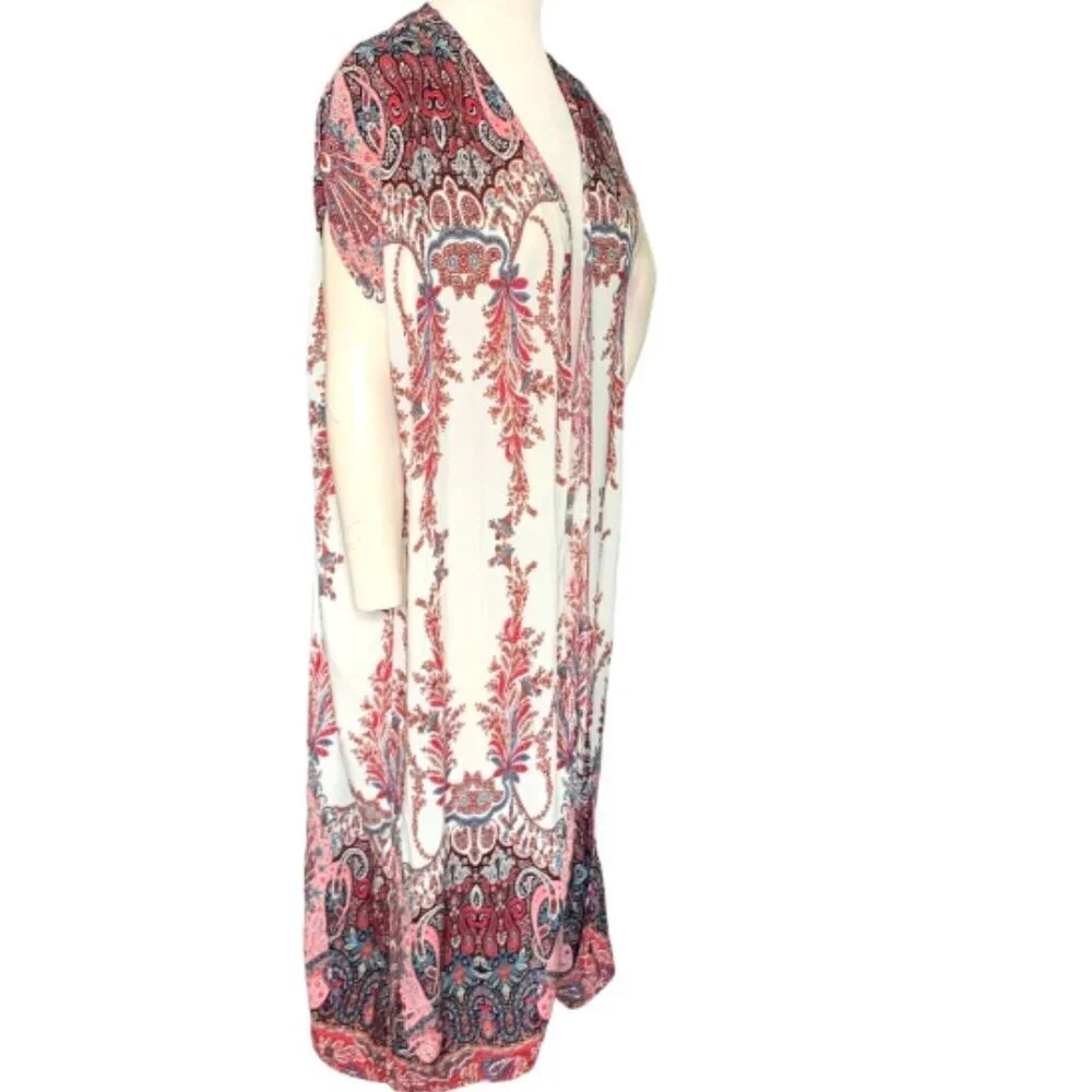 SB/Suzanne Betro BOHO Paisley Longline Vest‎ Cover-up Kimono Sz M #129E